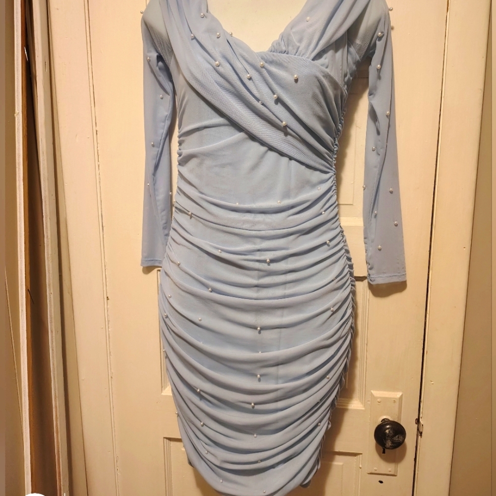 SHEIN Light Blue Beaded Long Sleeve Dress